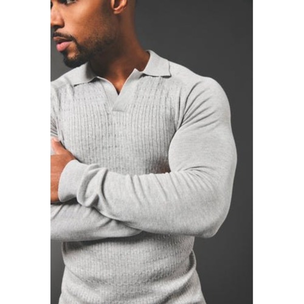 Tailored Athlete Mens Fine Cable Knitted Polo Shirt Grey Muscle Fit NWT Large